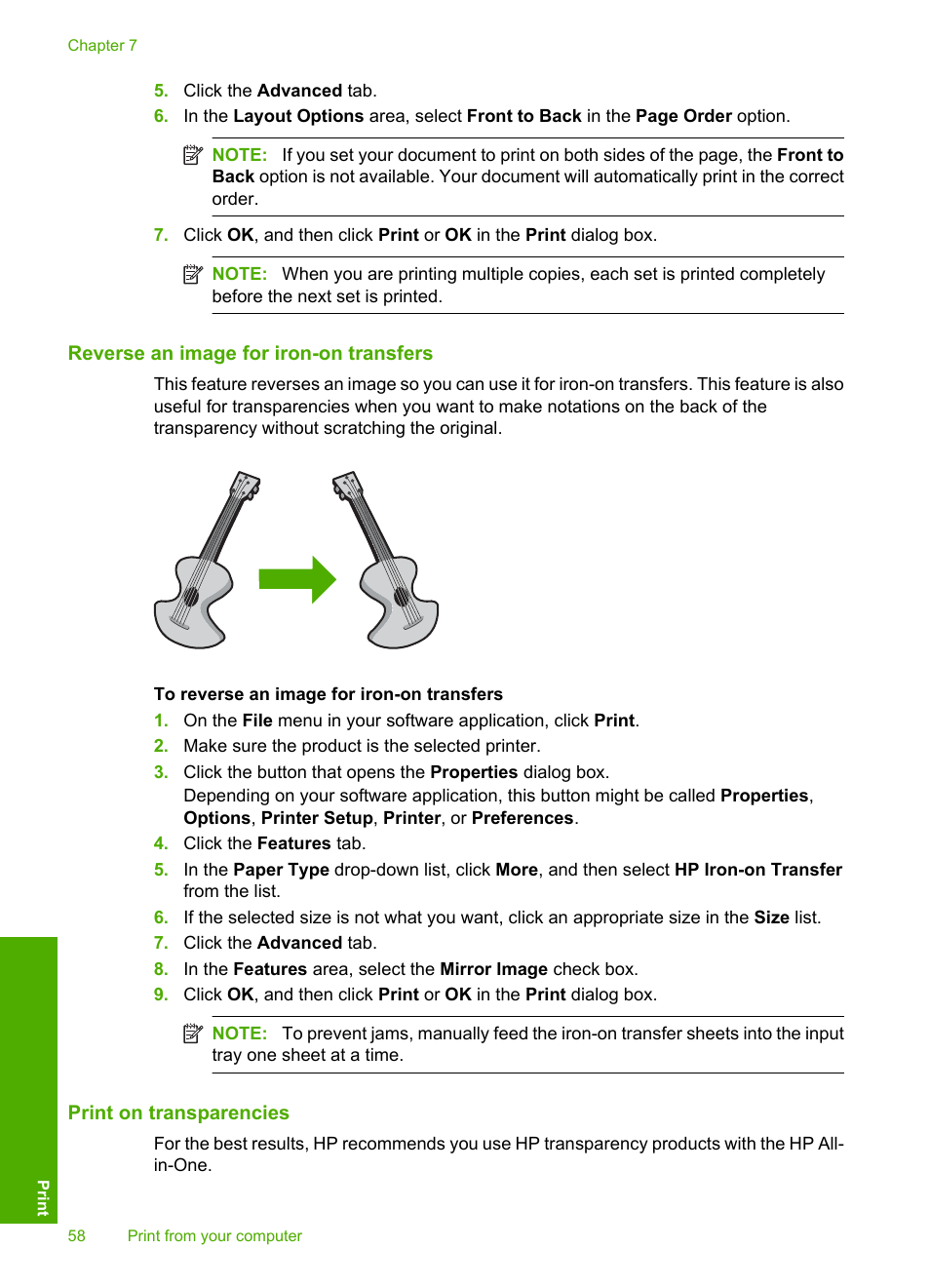 Reverse an image for iron-on transfers, Print on transparencies | HP Photosmart C4580 All-in-One Printer User Manual | Page 61 / 261