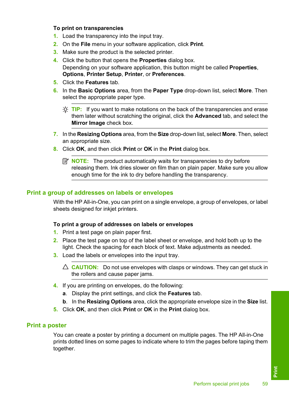 Print a group of addresses on labels or envelopes, Print a poster | HP Photosmart C4580 All-in-One Printer User Manual | Page 62 / 261