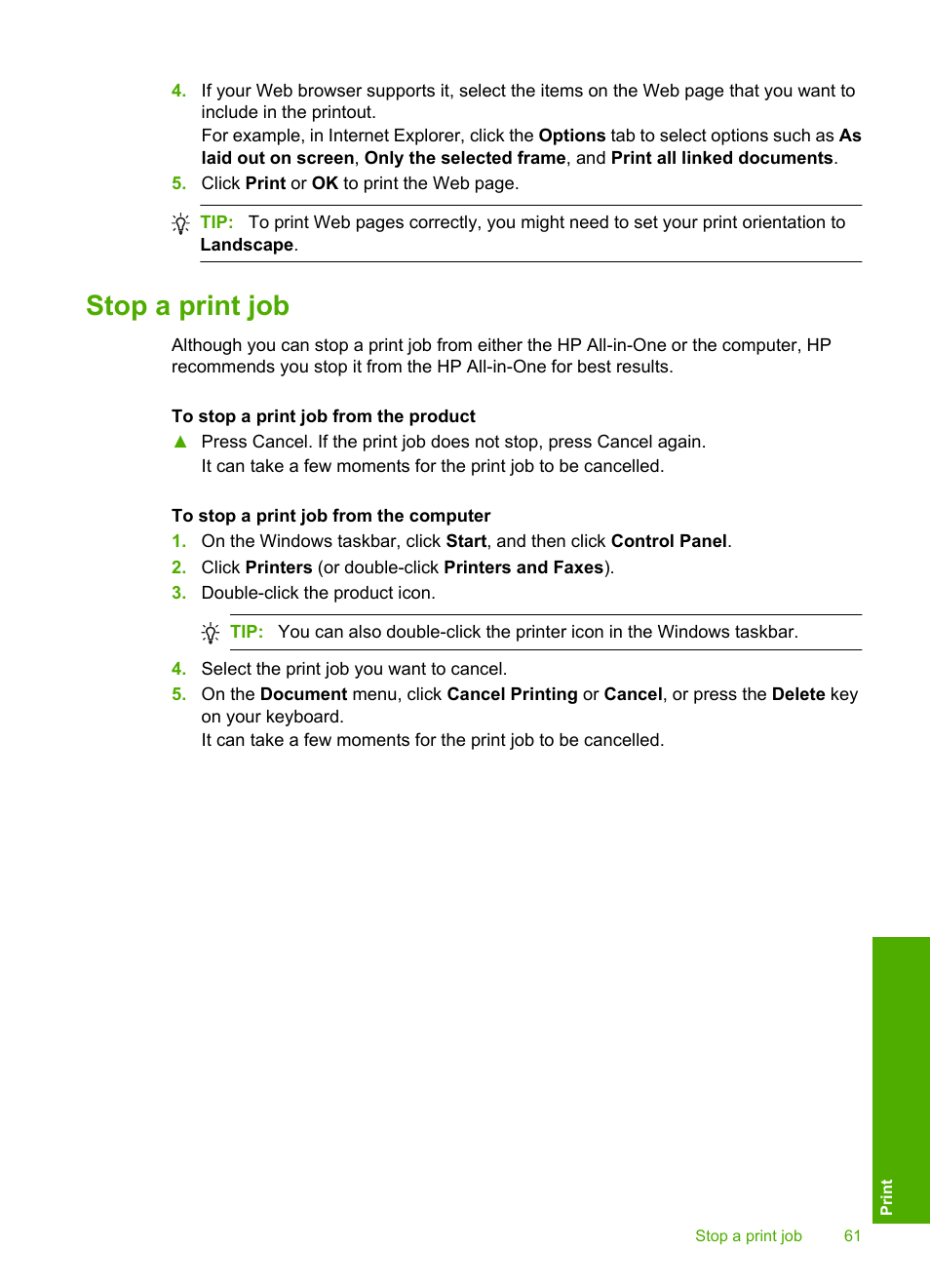 Stop a print job | HP Photosmart C4580 All-in-One Printer User Manual | Page 64 / 261