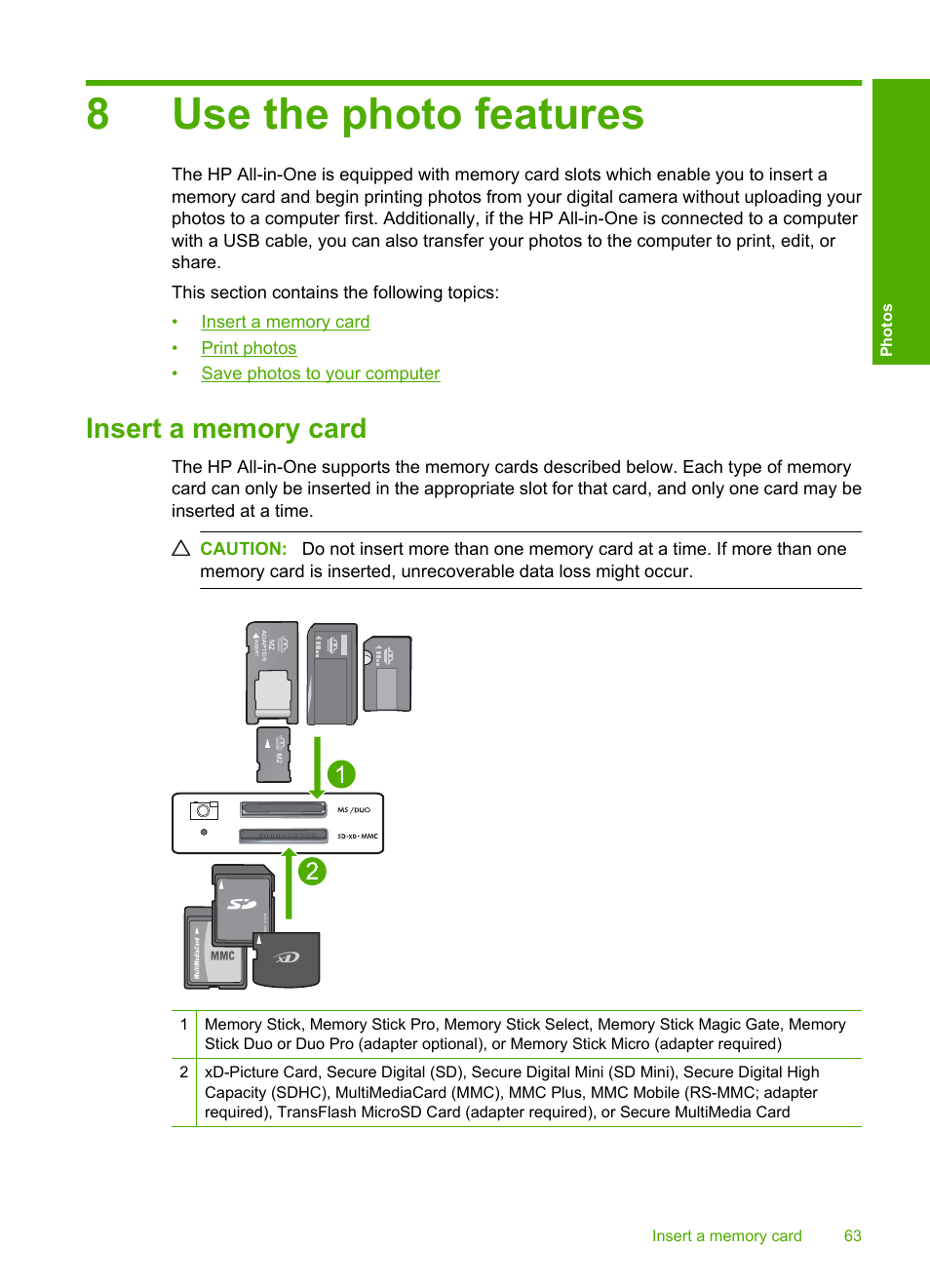 Use the photo features, Insert a memory card, 8 use the photo features | 8use the photo features | HP Photosmart C4580 All-in-One Printer User Manual | Page 66 / 261