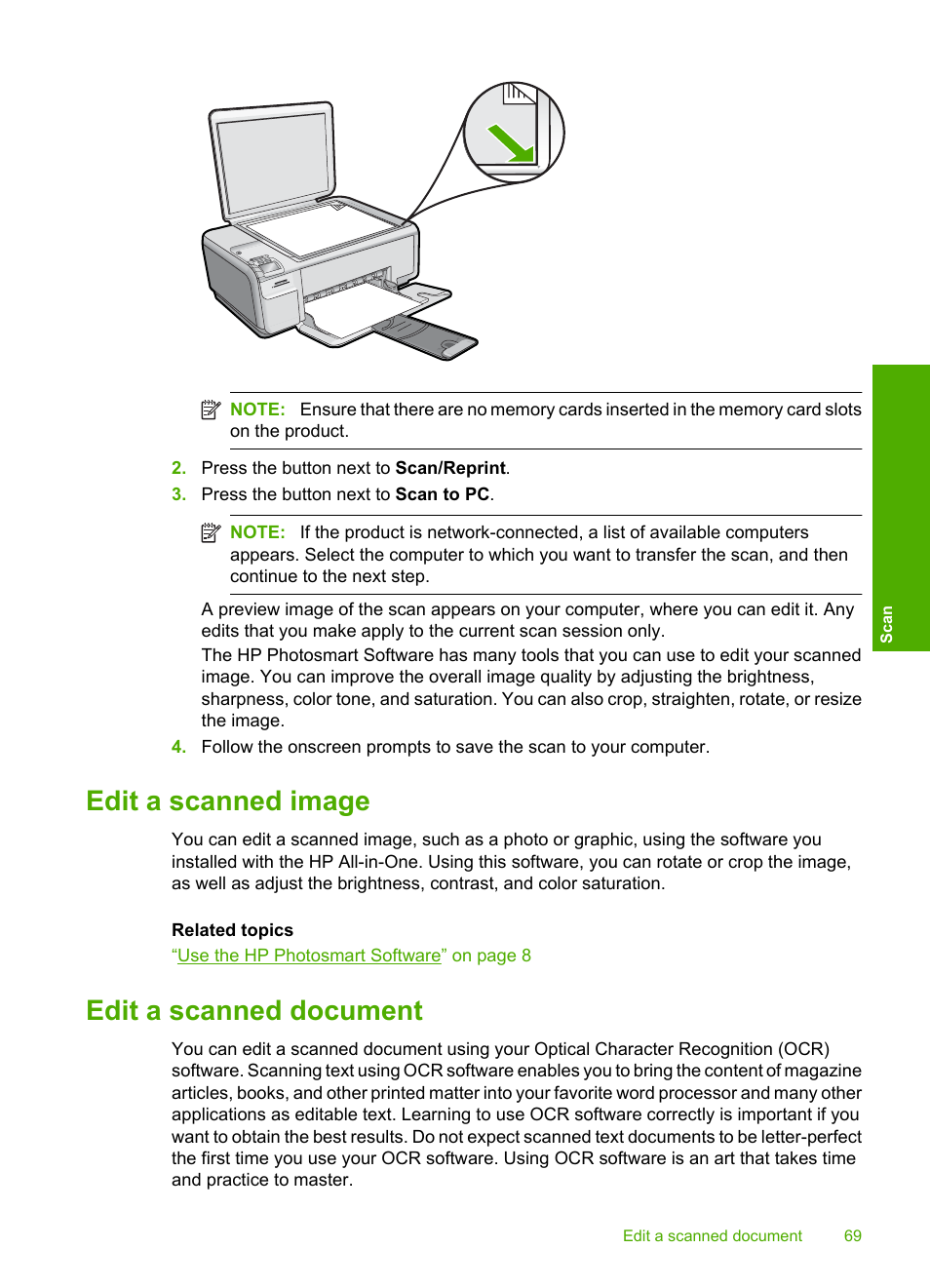 Edit a scanned image, Edit a scanned document, Edit a scanned image edit a scanned document | HP Photosmart C4580 All-in-One Printer User Manual | Page 72 / 261