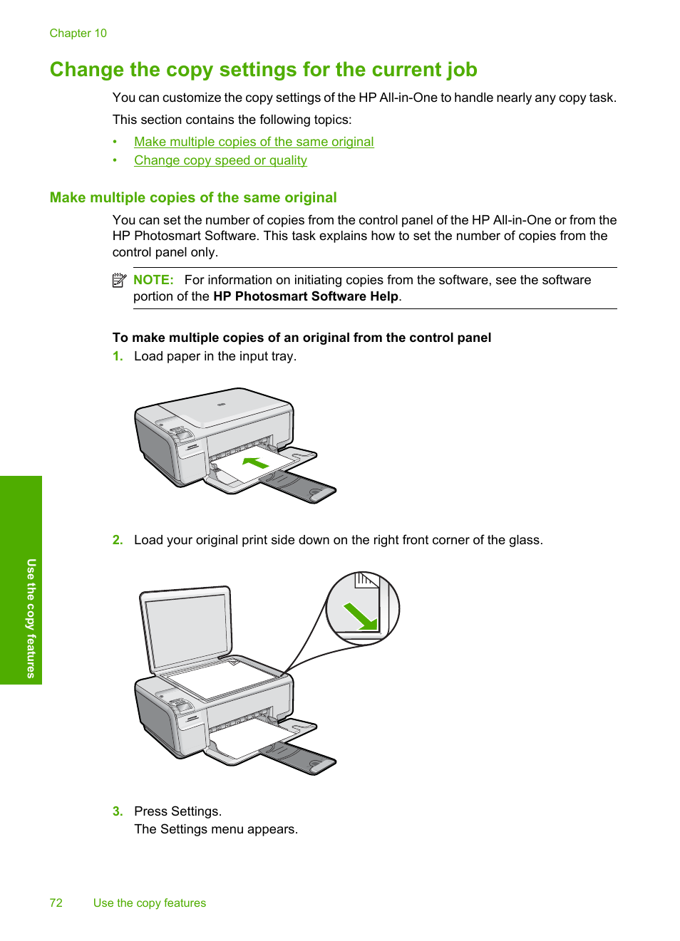 Change the copy settings for the current job, Make multiple copies of the same original | HP Photosmart C4580 All-in-One Printer User Manual | Page 75 / 261