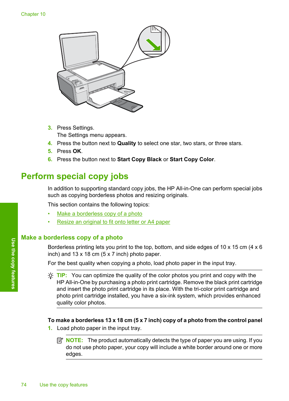 Perform special copy jobs, Make a borderless copy of a photo | HP Photosmart C4580 All-in-One Printer User Manual | Page 77 / 261