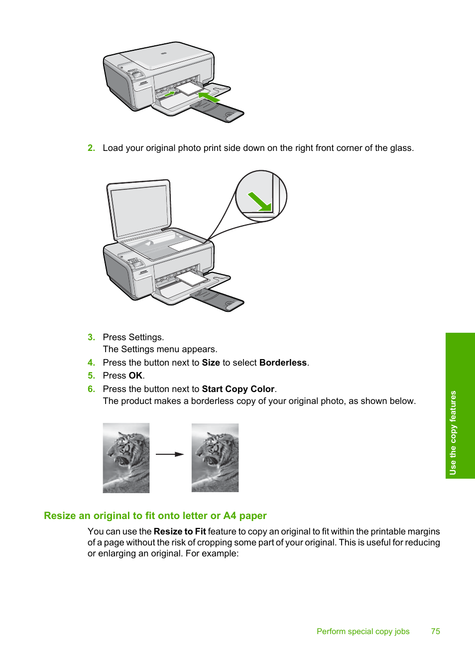 Resize an original to fit onto letter or a4 paper | HP Photosmart C4580 All-in-One Printer User Manual | Page 78 / 261