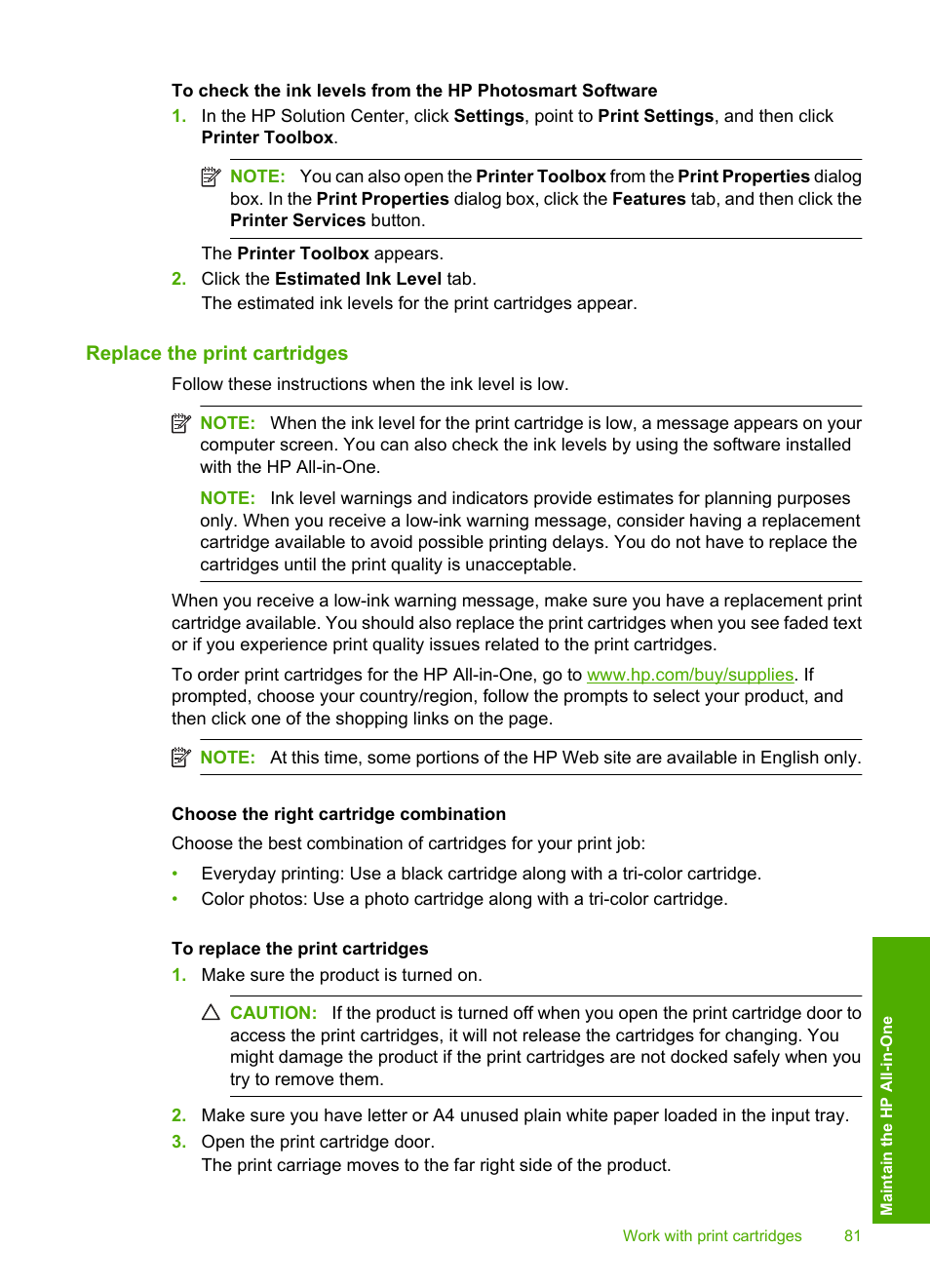 Replace the print cartridges | HP Photosmart C4580 All-in-One Printer User Manual | Page 84 / 261