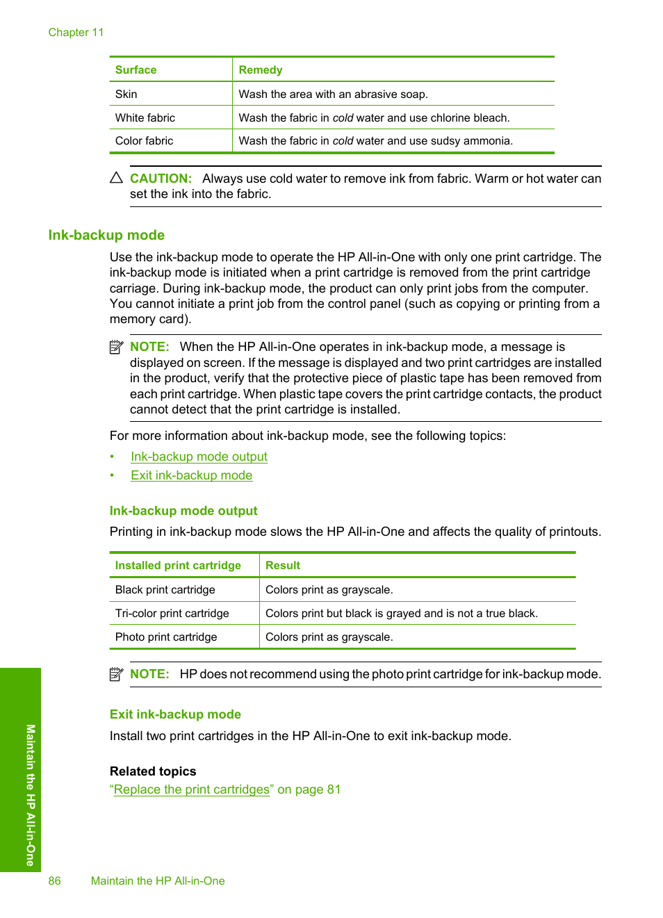 Ink-backup mode, Ink-backup mode output, Exit ink-backup mode | HP Photosmart C4580 All-in-One Printer User Manual | Page 89 / 261