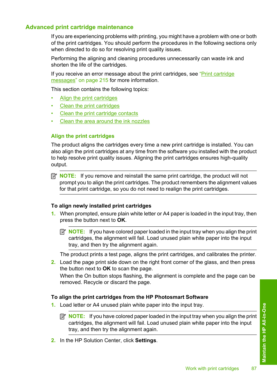 Advanced print cartridge maintenance, Align the print cartridges | HP Photosmart C4580 All-in-One Printer User Manual | Page 90 / 261