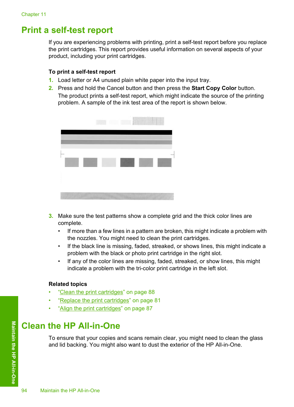 Print a self-test report, Clean the hp all-in-one, Print a self-test report clean the hp all-in-one | HP Photosmart C4580 All-in-One Printer User Manual | Page 97 / 261
