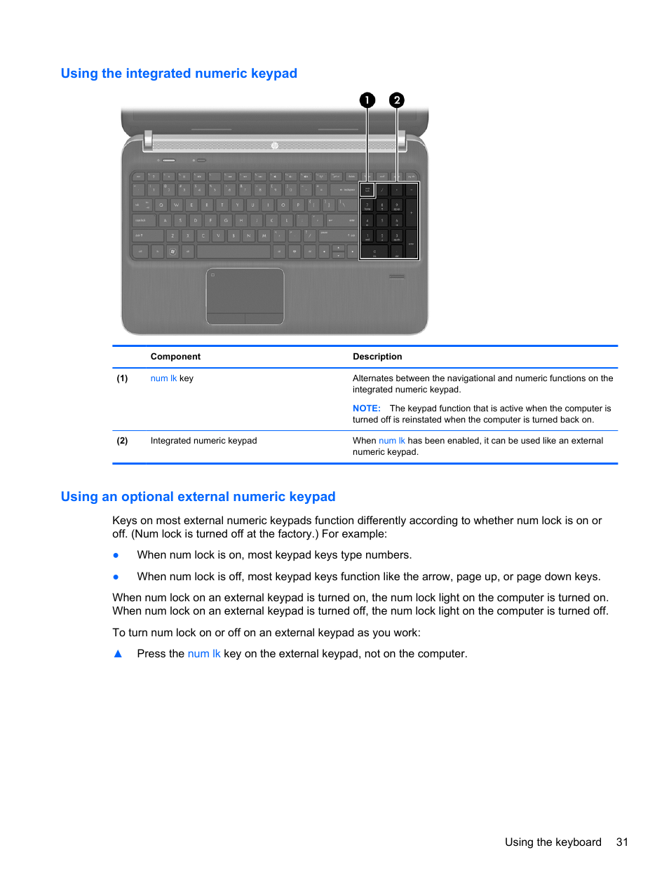 Using the integrated numeric keypad, Using an optional external numeric keypad | HP ZBook 17 Mobile Workstation User Manual | Page 41 / 111