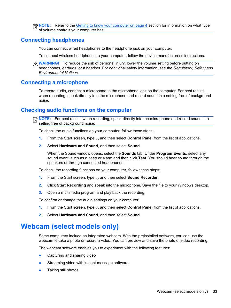 Connecting headphones, Connecting a microphone, Checking audio functions on the computer | Webcam (select models only) | HP ZBook 17 Mobile Workstation User Manual | Page 43 / 111