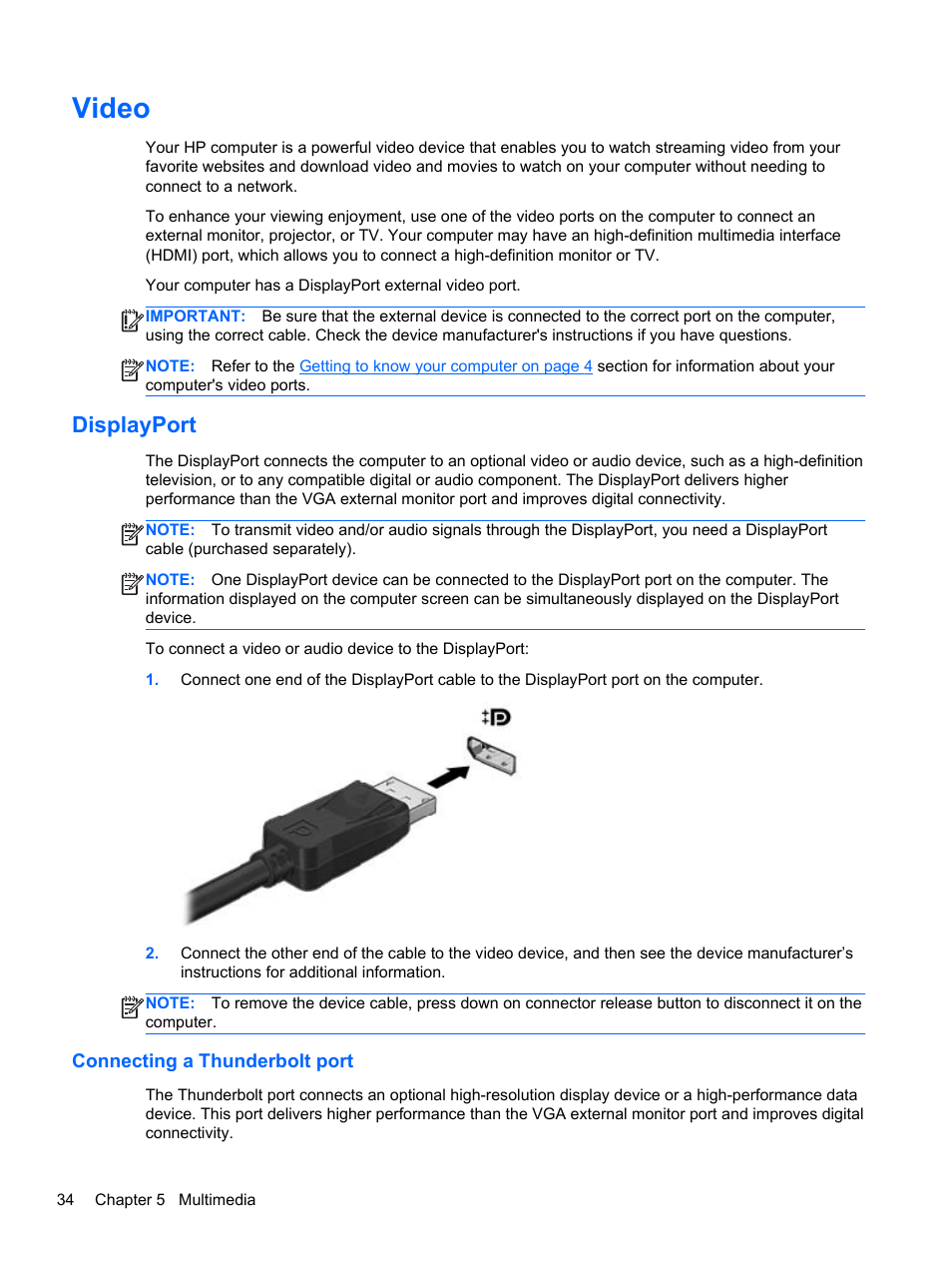 Video, Displayport, Connecting a thunderbolt port | HP ZBook 17 Mobile Workstation User Manual | Page 44 / 111