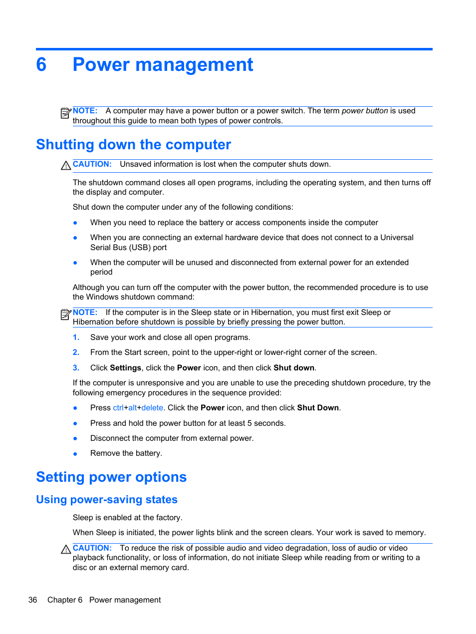 Power management, Shutting down the computer, Setting power options | Using power-saving states, 6 power management, Shutting down the computer setting power options, 6power management | HP ZBook 17 Mobile Workstation User Manual | Page 46 / 111