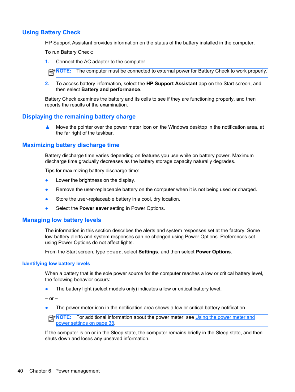 Using battery check, Displaying the remaining battery charge, Maximizing battery discharge time | Managing low battery levels, Identifying low battery levels | HP ZBook 17 Mobile Workstation User Manual | Page 50 / 111