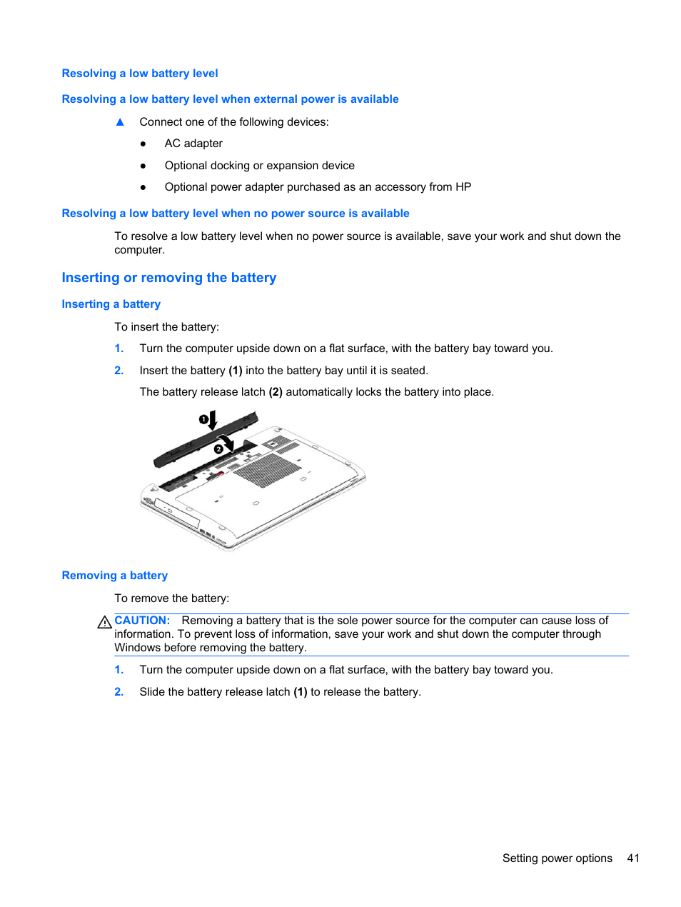 Resolving a low battery level, Inserting or removing the battery, Inserting a battery | Removing a battery, Inserting a battery removing a battery | HP ZBook 17 Mobile Workstation User Manual | Page 51 / 111