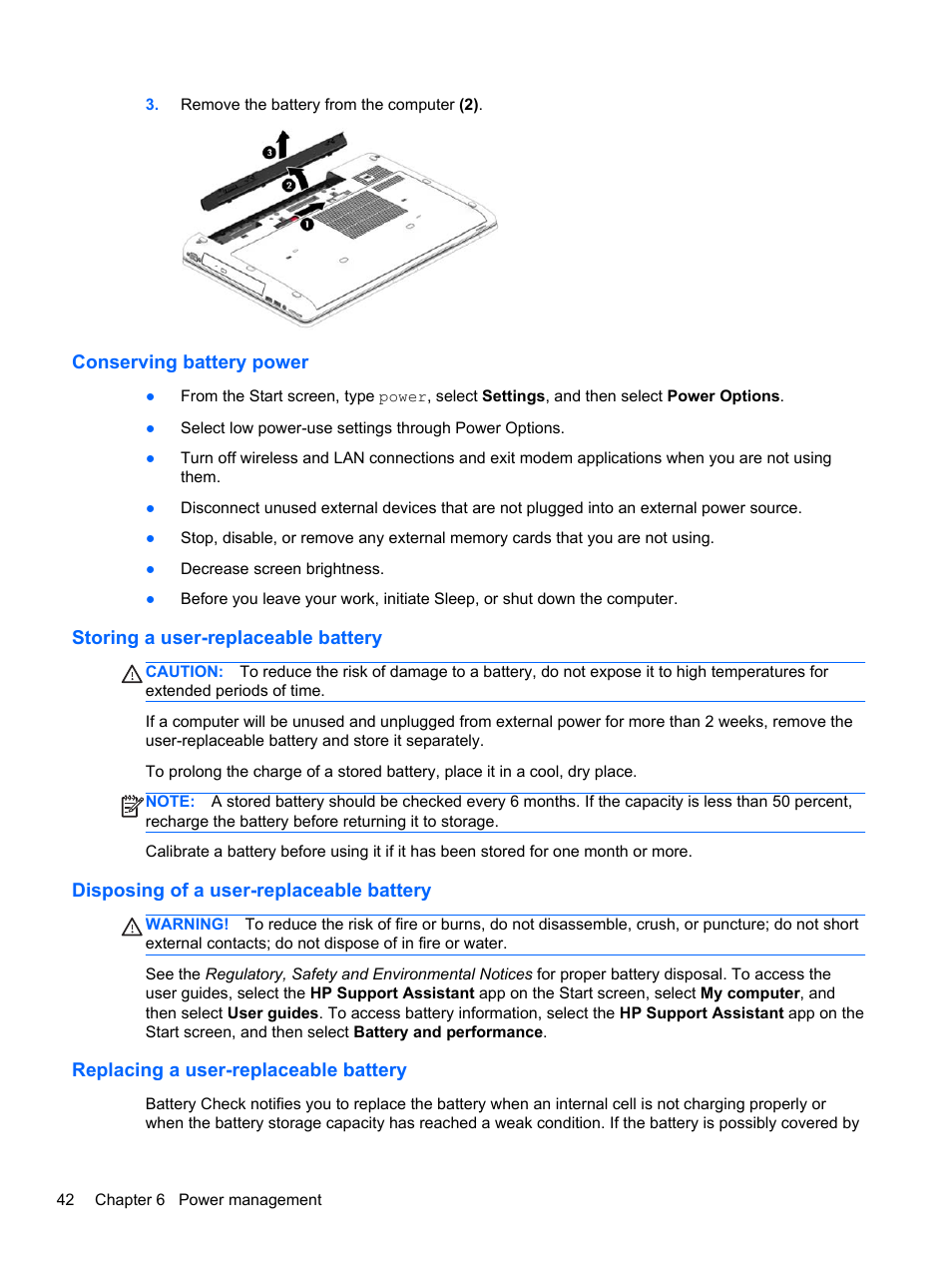 Conserving battery power, Storing a user-replaceable battery, Disposing of a user-replaceable battery | Replacing a user-replaceable battery | HP ZBook 17 Mobile Workstation User Manual | Page 52 / 111
