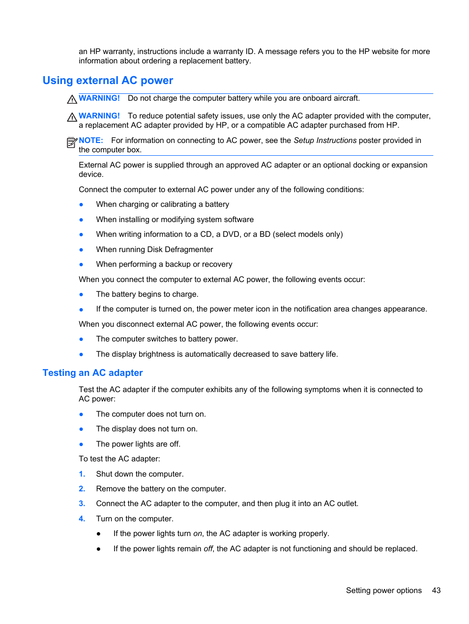 Using external ac power, Testing an ac adapter | HP ZBook 17 Mobile Workstation User Manual | Page 53 / 111