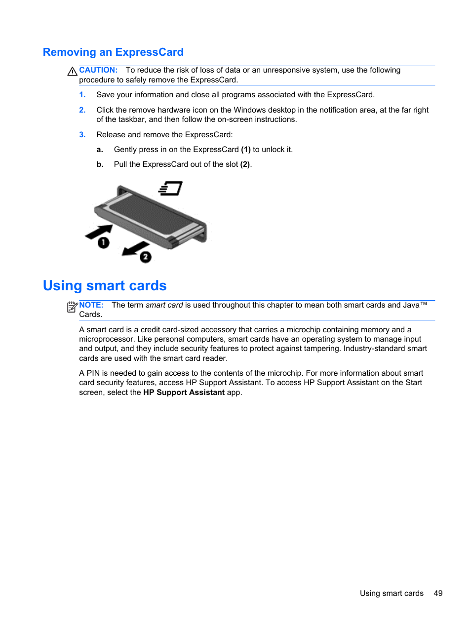 Removing an expresscard, Using smart cards | HP ZBook 17 Mobile Workstation User Manual | Page 59 / 111