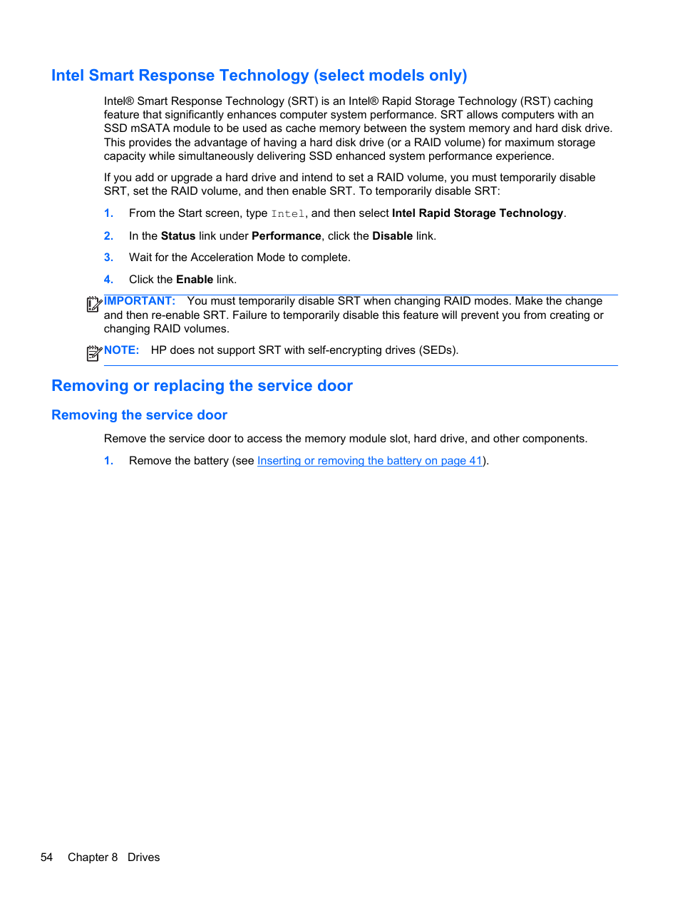 Removing or replacing the service door, Removing the service door | HP ZBook 17 Mobile Workstation User Manual | Page 64 / 111