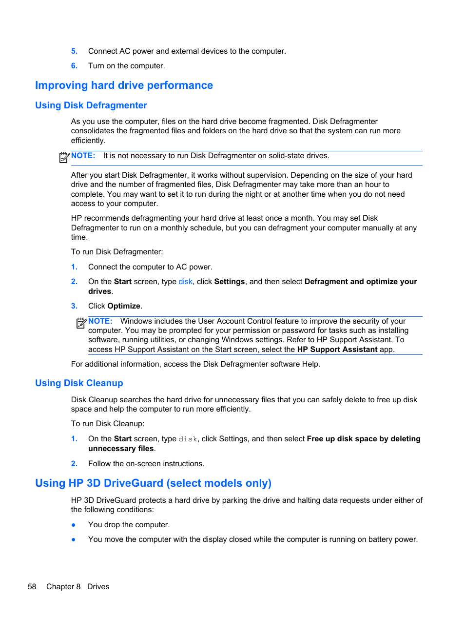 Improving hard drive performance, Using disk defragmenter, Using disk cleanup | Using hp 3d driveguard (select models only), Using disk defragmenter using disk cleanup | HP ZBook 17 Mobile Workstation User Manual | Page 68 / 111