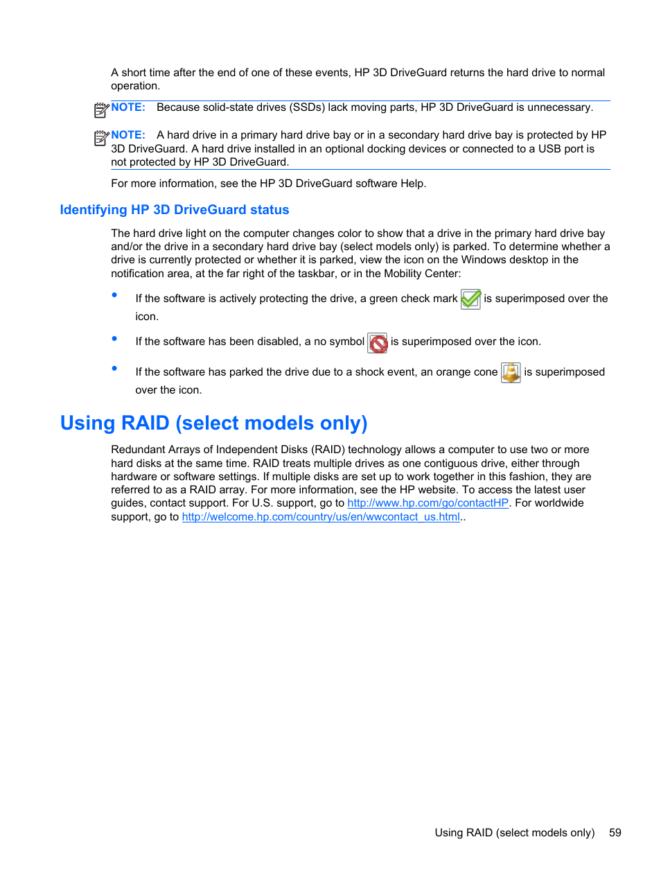 Identifying hp 3d driveguard status, Using raid (select models only) | HP ZBook 17 Mobile Workstation User Manual | Page 69 / 111