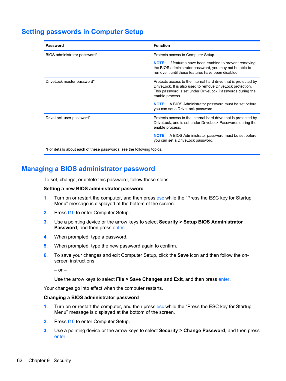 Setting passwords in computer setup, Managing a bios administrator password | HP ZBook 17 Mobile Workstation User Manual | Page 72 / 111