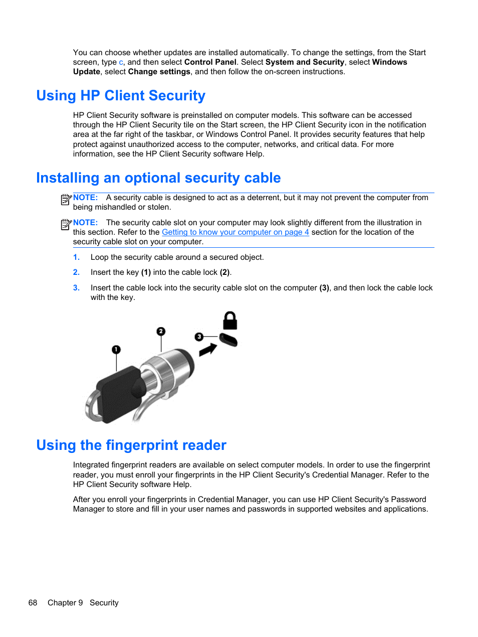 Using hp client security, Installing an optional security cable, Using the fingerprint reader | HP ZBook 17 Mobile Workstation User Manual | Page 78 / 111