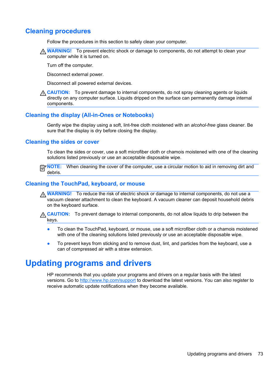 Cleaning procedures, Cleaning the display (all-in-ones or notebooks), Cleaning the sides or cover | Cleaning the touchpad, keyboard, or mouse, Updating programs and drivers | HP ZBook 17 Mobile Workstation User Manual | Page 83 / 111