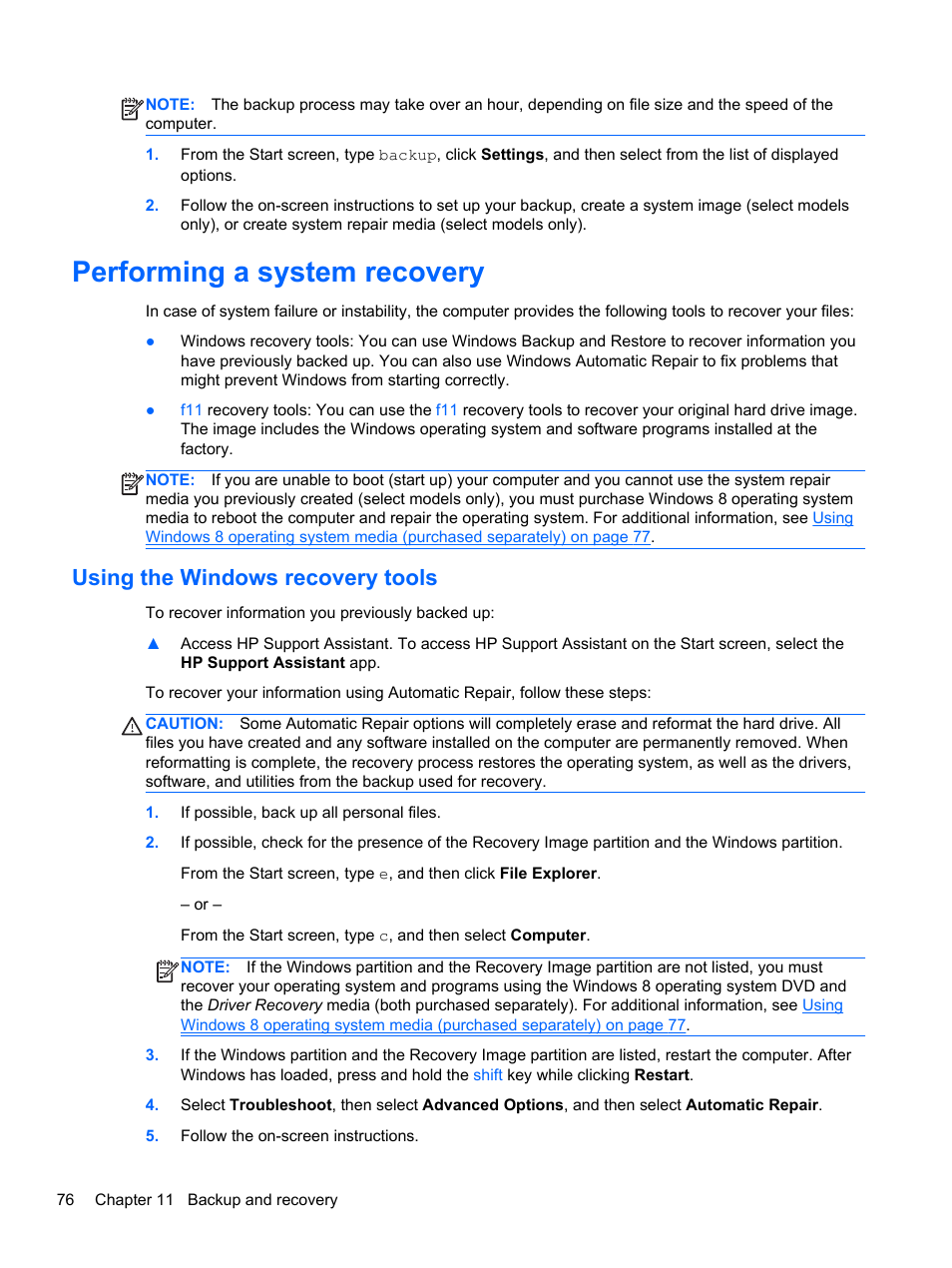 Performing a system recovery, Using the windows recovery tools | HP ZBook 17 Mobile Workstation User Manual | Page 86 / 111