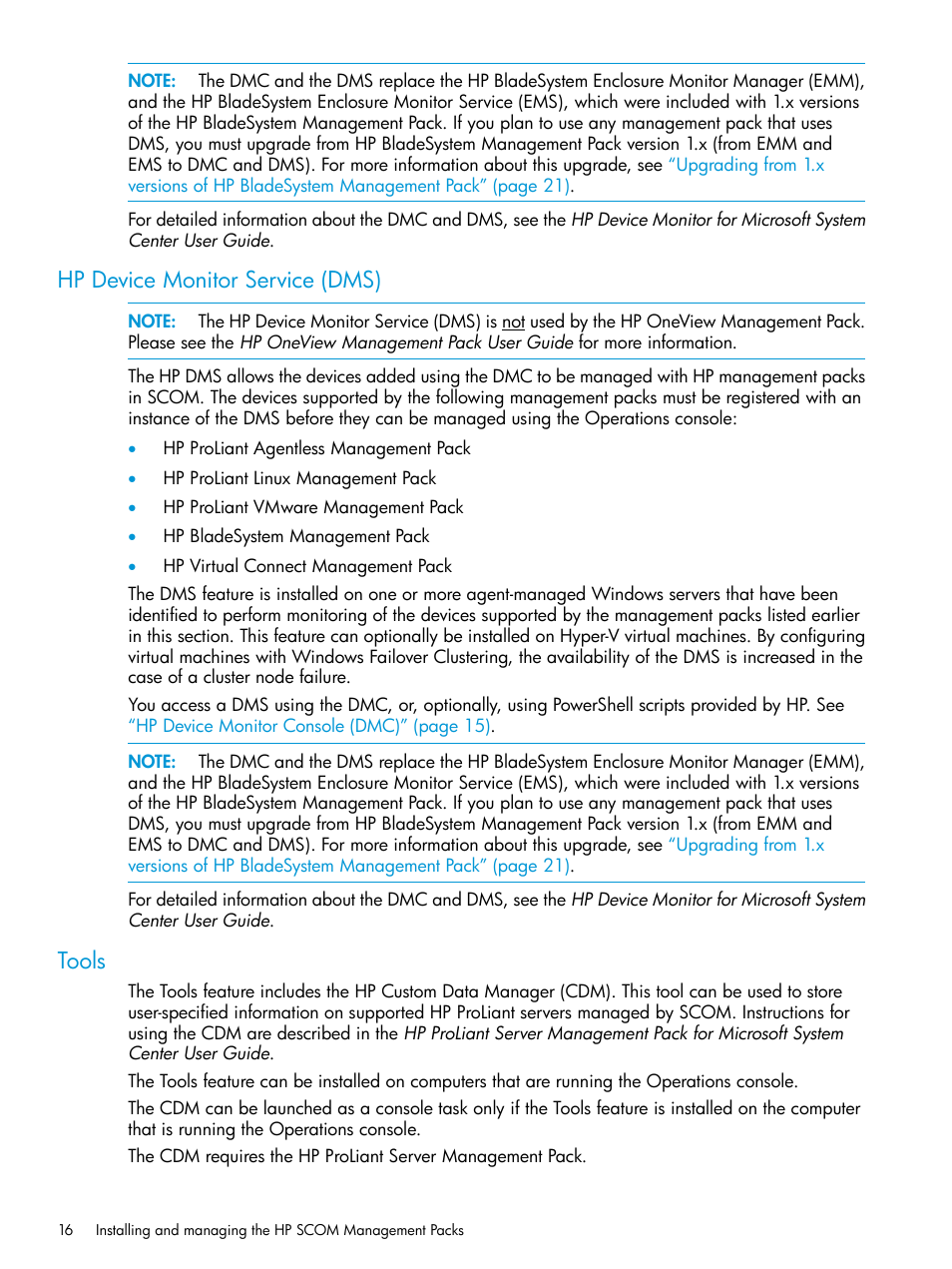 Hp device monitor service (dms), Tools, Hp device monitor service (dms) tools | Hp device monitor | HP OneView for Microsoft System Center User Manual | Page 16 / 28