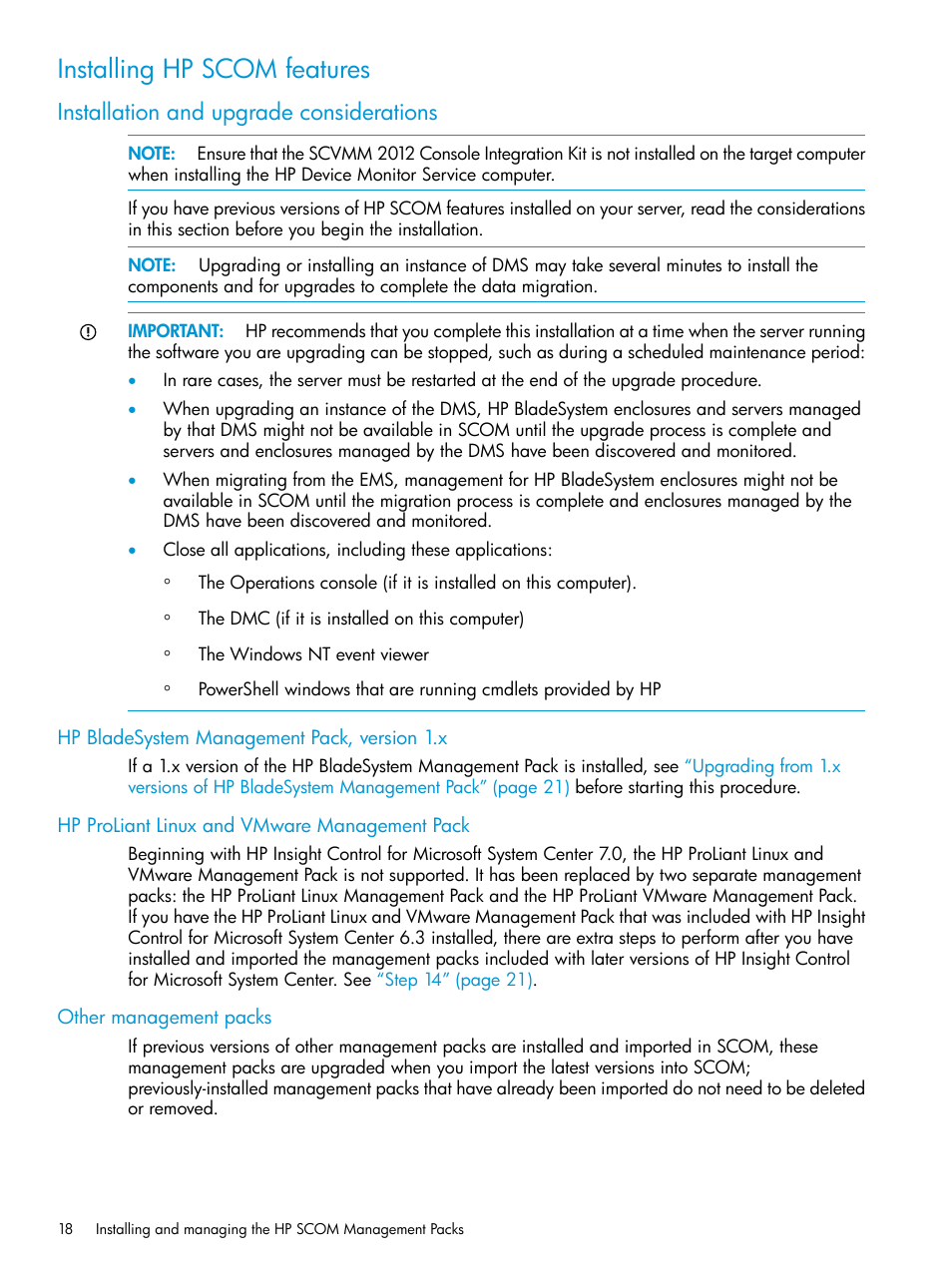 Installing hp scom features, Installation and upgrade considerations, Hp bladesystem management pack, version 1.x | Hp proliant linux and vmware management pack, Other management packs | HP OneView for Microsoft System Center User Manual | Page 18 / 28