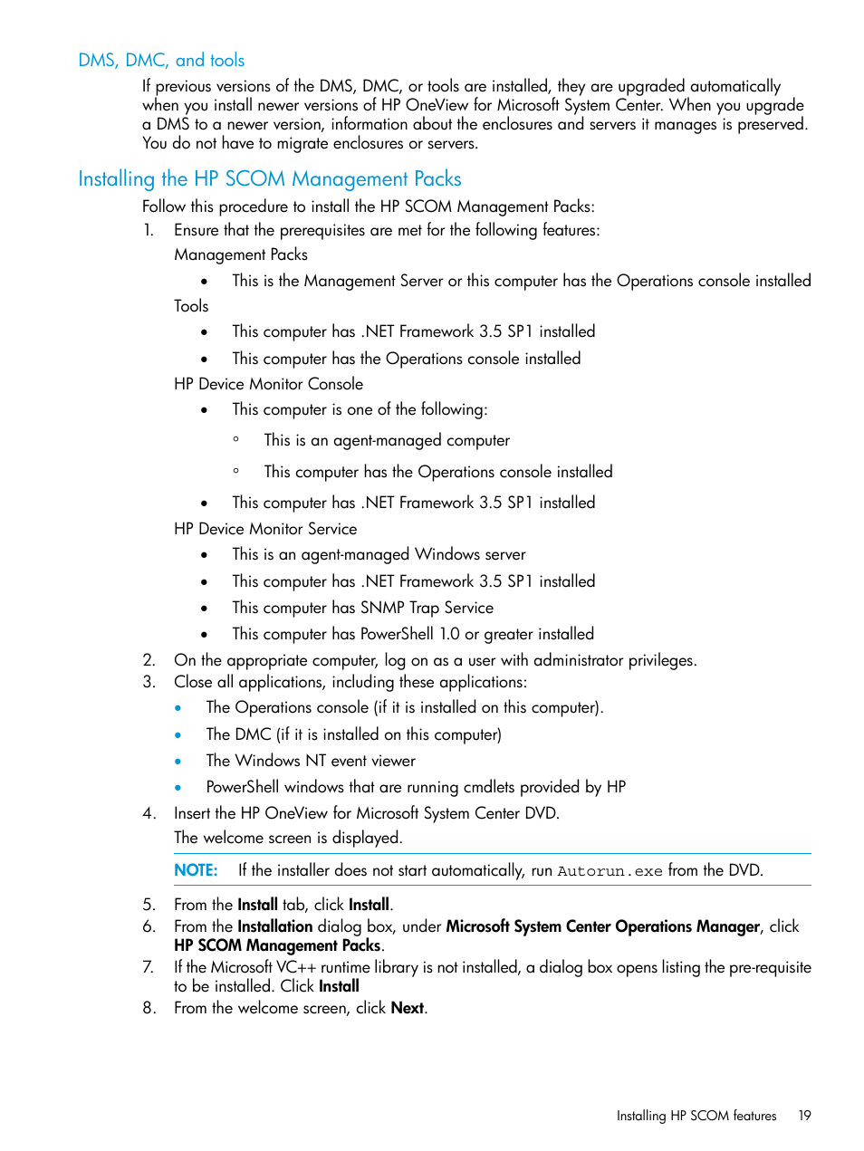 Dms, dmc, and tools, Installing the hp scom management packs | HP OneView for Microsoft System Center User Manual | Page 19 / 28