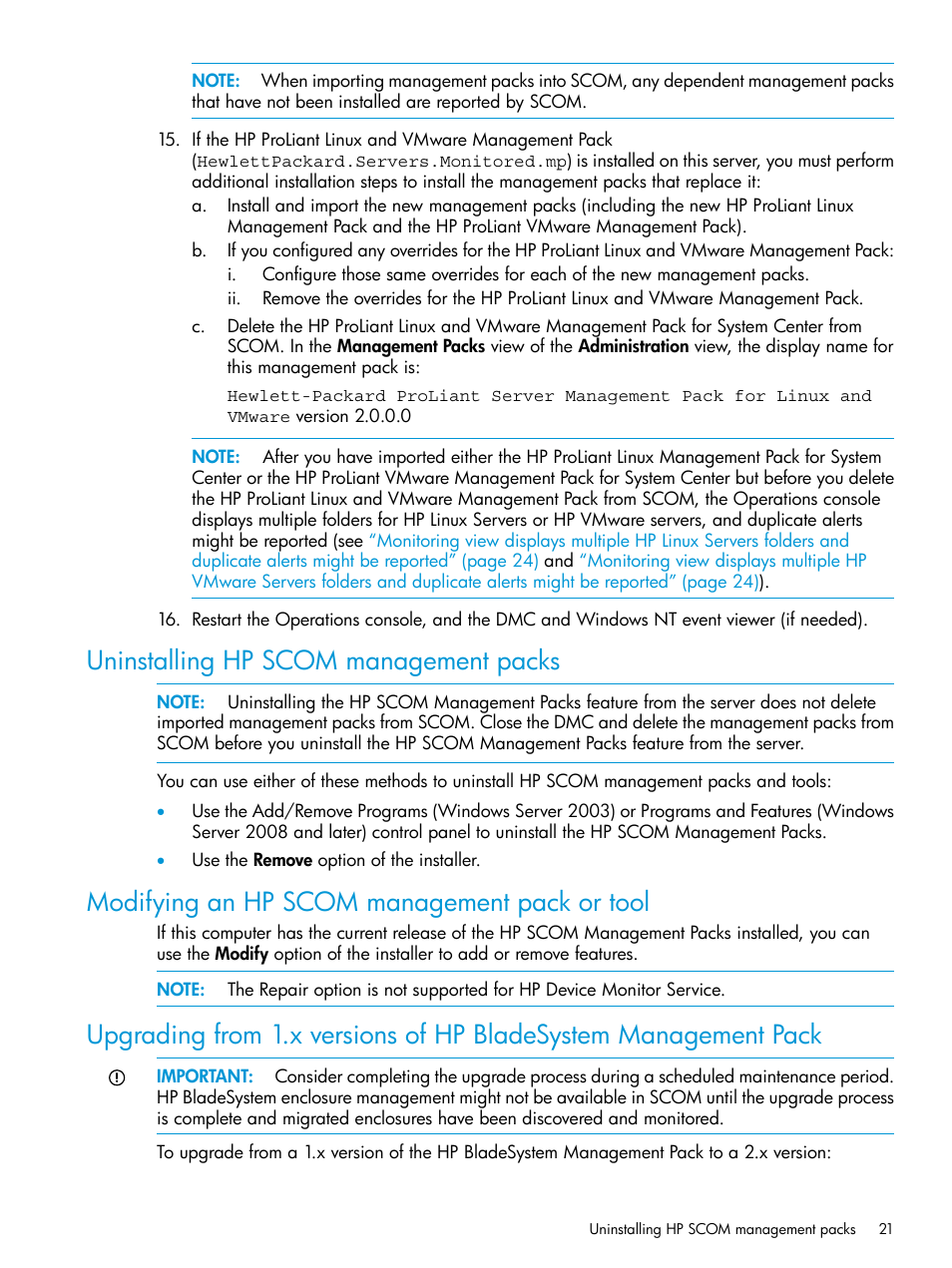 Uninstalling hp scom management packs, Modifying an hp scom management pack or tool, Upgrading from 1.x | HP OneView for Microsoft System Center User Manual | Page 21 / 28