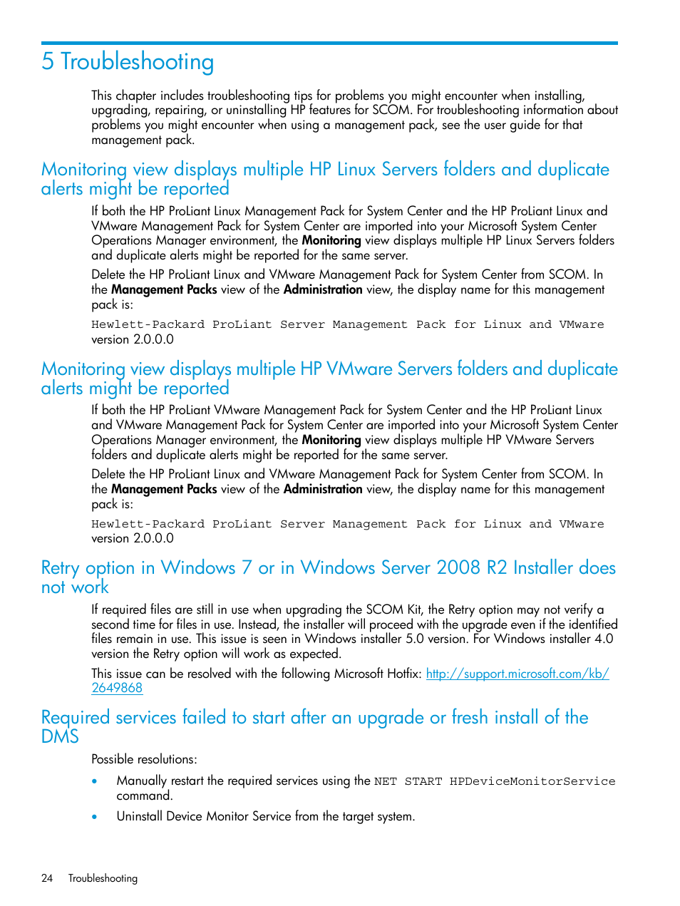 5 troubleshooting, Monitoring view displays multiple hp | HP OneView for Microsoft System Center User Manual | Page 24 / 28