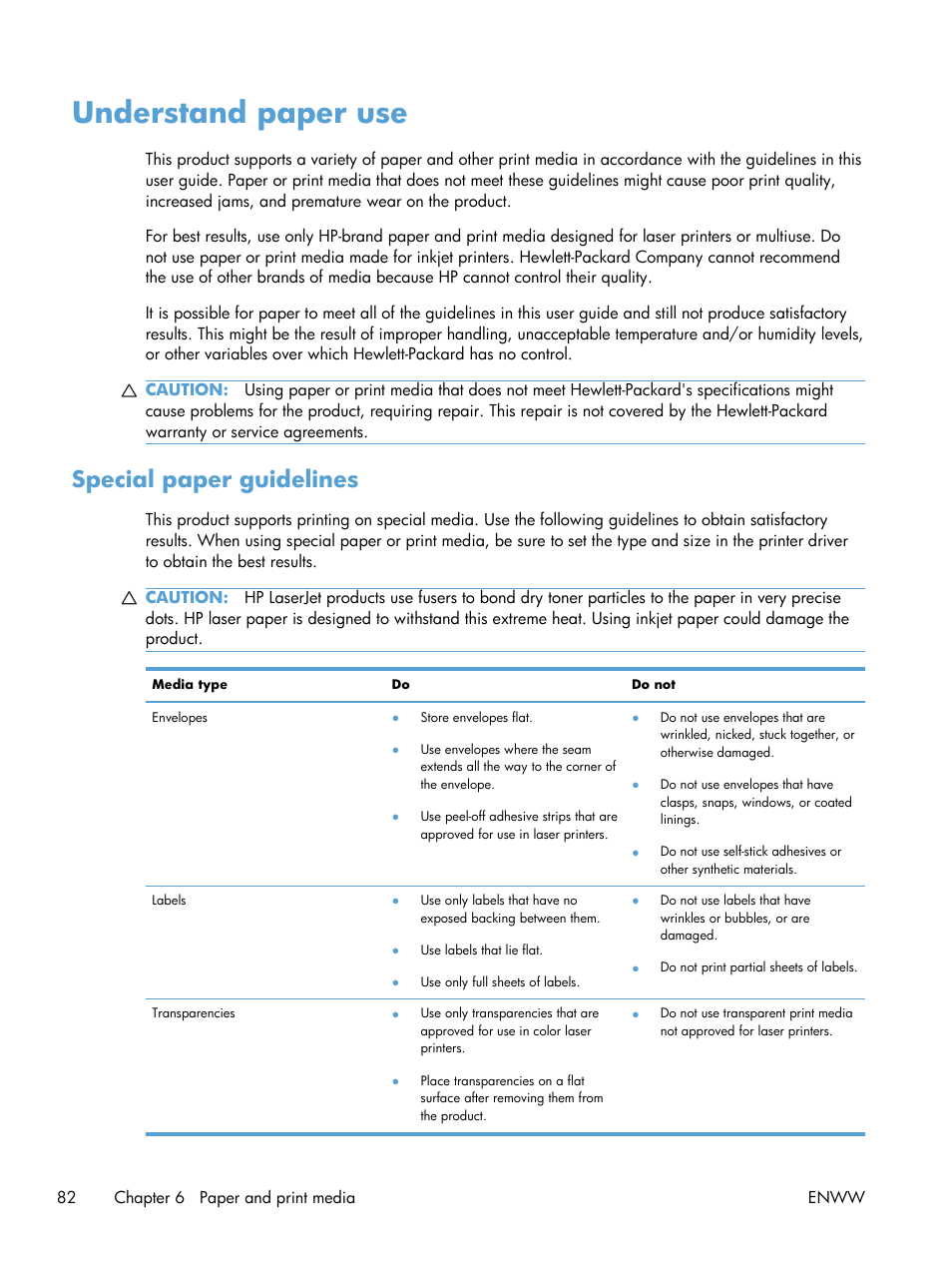 Understand paper use, Special paper guidelines | HP Color LaserJet Enterprise CM4540 MFP series User Manual | Page 102 / 386
