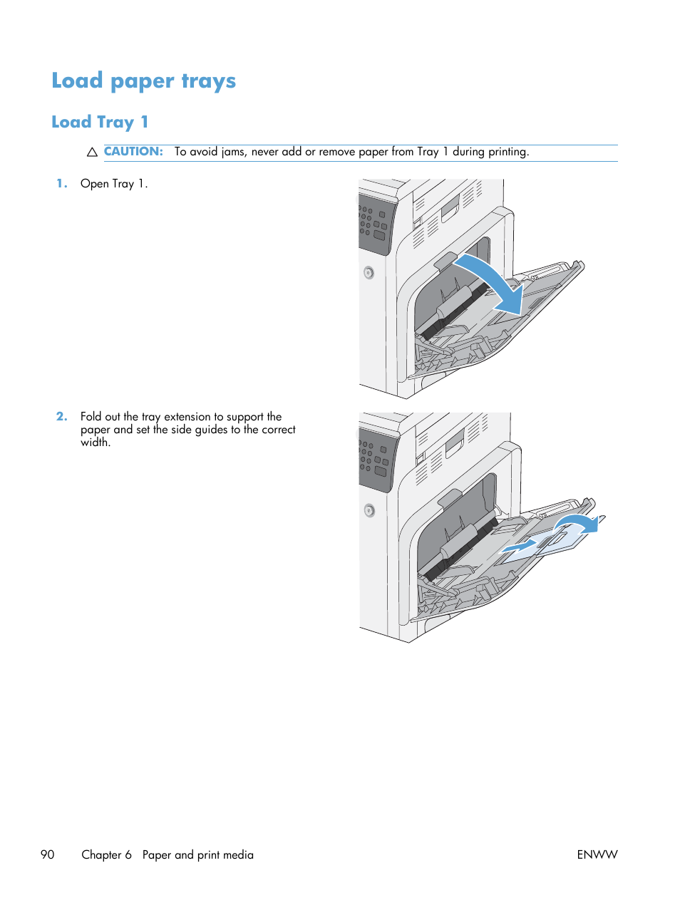 Load paper trays, Load tray 1 | HP Color LaserJet Enterprise CM4540 MFP series User Manual | Page 110 / 386