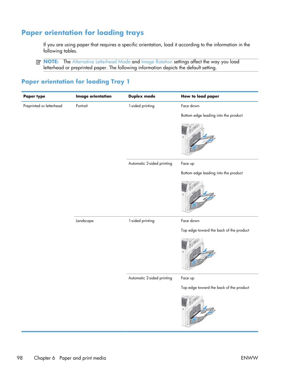 Paper orientation for loading trays, Paper orientation for loading tray 1 | HP Color LaserJet Enterprise CM4540 MFP series User Manual | Page 118 / 386