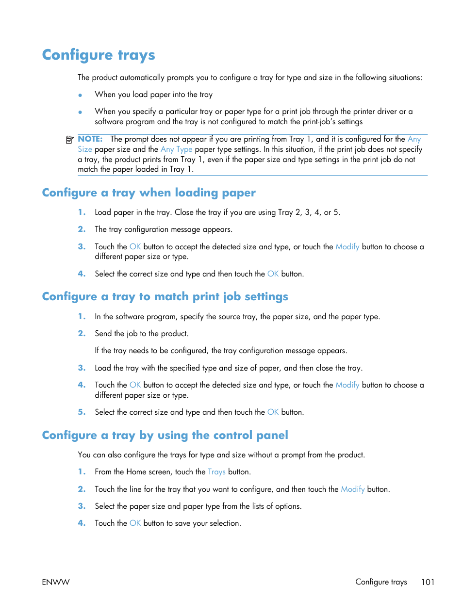 Configure trays, Configure a tray when loading paper, Configure a tray to match print job settings | Configure a tray by using the control panel | HP Color LaserJet Enterprise CM4540 MFP series User Manual | Page 121 / 386