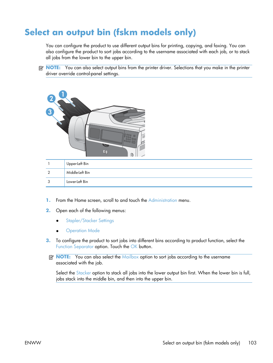 Select an output bin (fskm models only) | HP Color LaserJet Enterprise CM4540 MFP series User Manual | Page 123 / 386