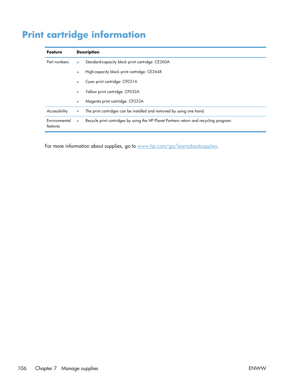 Print cartridge information | HP Color LaserJet Enterprise CM4540 MFP series User Manual | Page 126 / 386