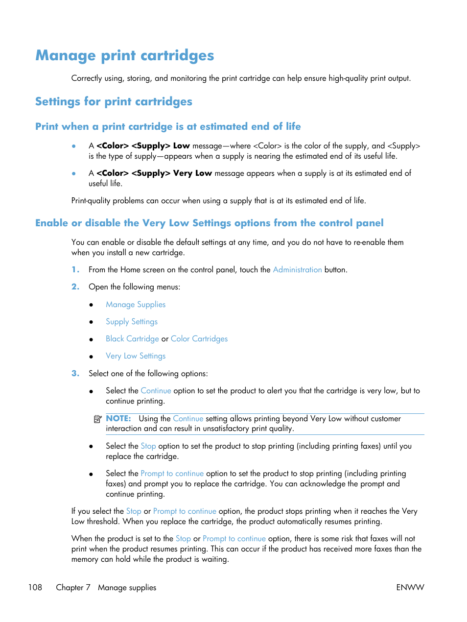 Manage print cartridges, Settings for print cartridges | HP Color LaserJet Enterprise CM4540 MFP series User Manual | Page 128 / 386