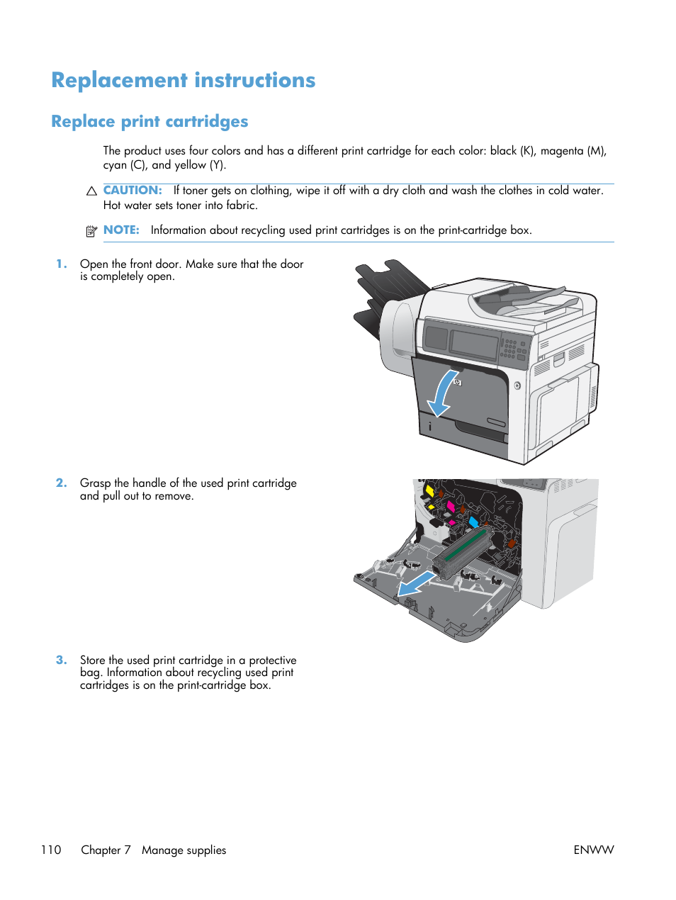 Replacement instructions, Replace print cartridges | HP Color LaserJet Enterprise CM4540 MFP series User Manual | Page 130 / 386