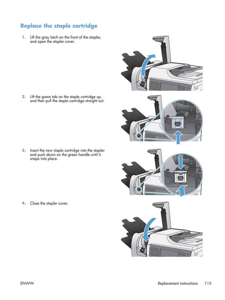 Replace the staple cartridge | HP Color LaserJet Enterprise CM4540 MFP series User Manual | Page 135 / 386