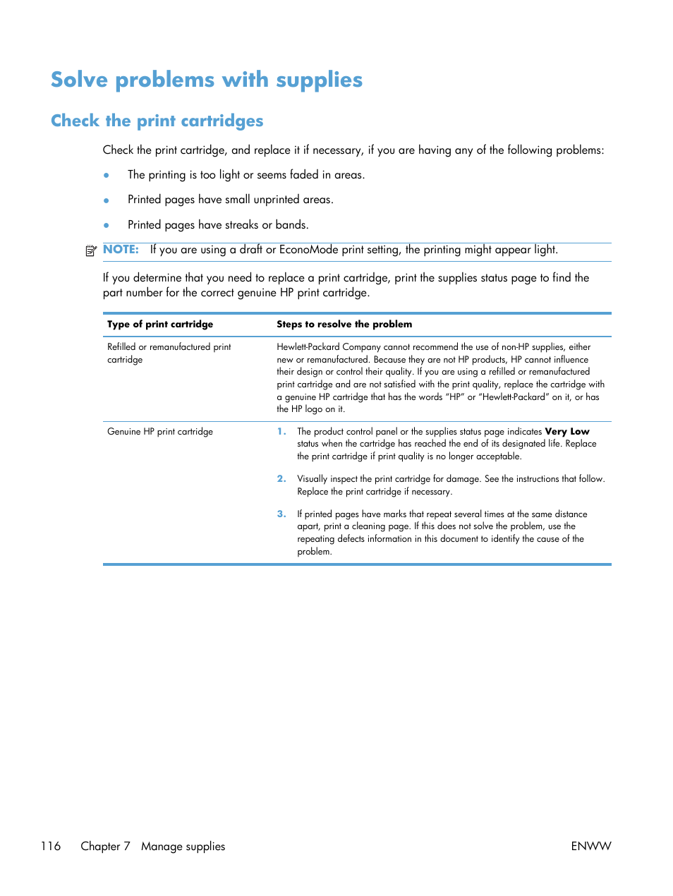 Solve problems with supplies, Check the print cartridges | HP Color LaserJet Enterprise CM4540 MFP series User Manual | Page 136 / 386