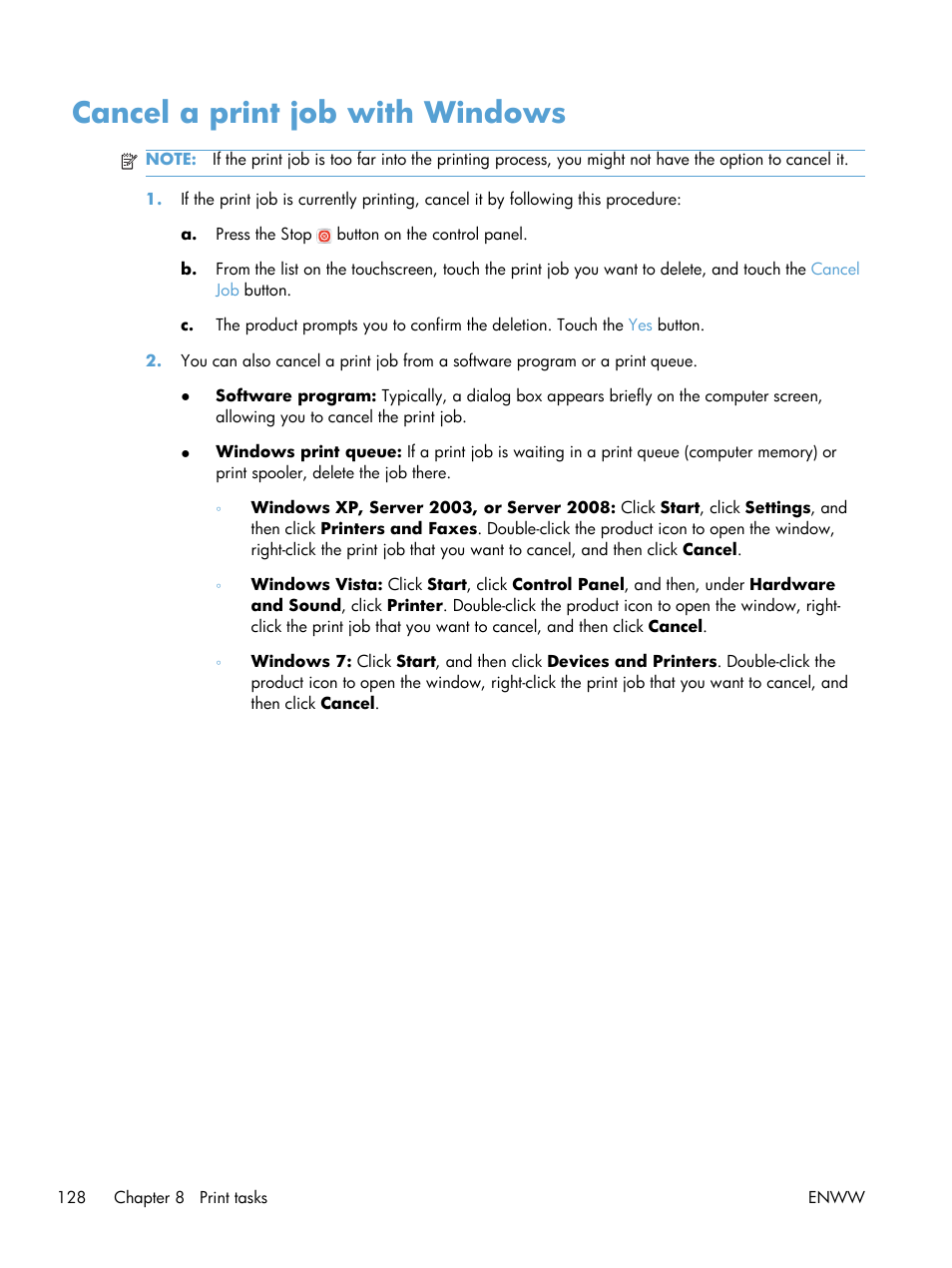 Cancel a print job with windows | HP Color LaserJet Enterprise CM4540 MFP series User Manual | Page 148 / 386