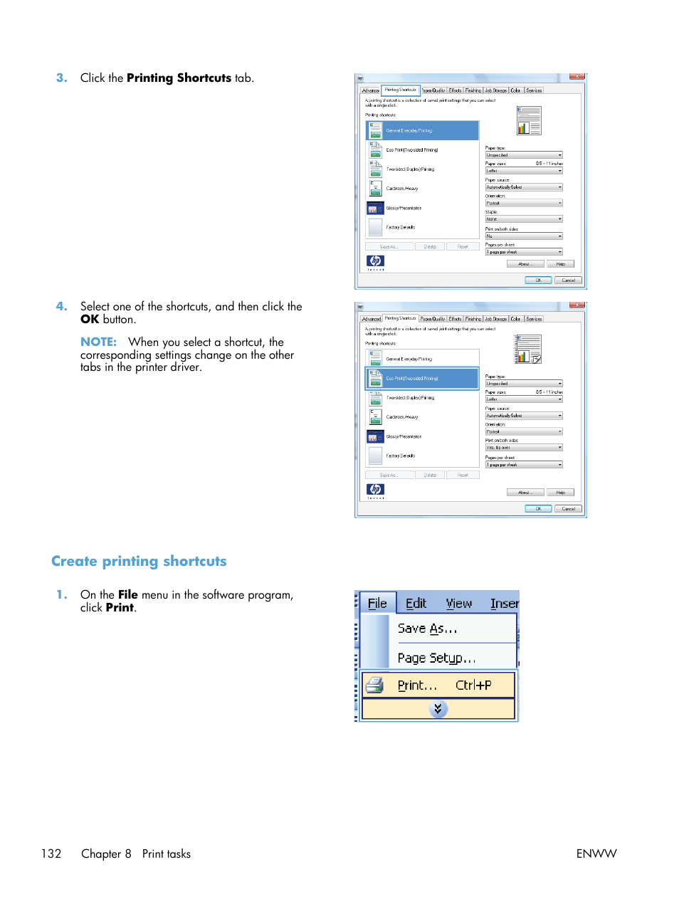 Create printing shortcuts | HP Color LaserJet Enterprise CM4540 MFP series User Manual | Page 152 / 386