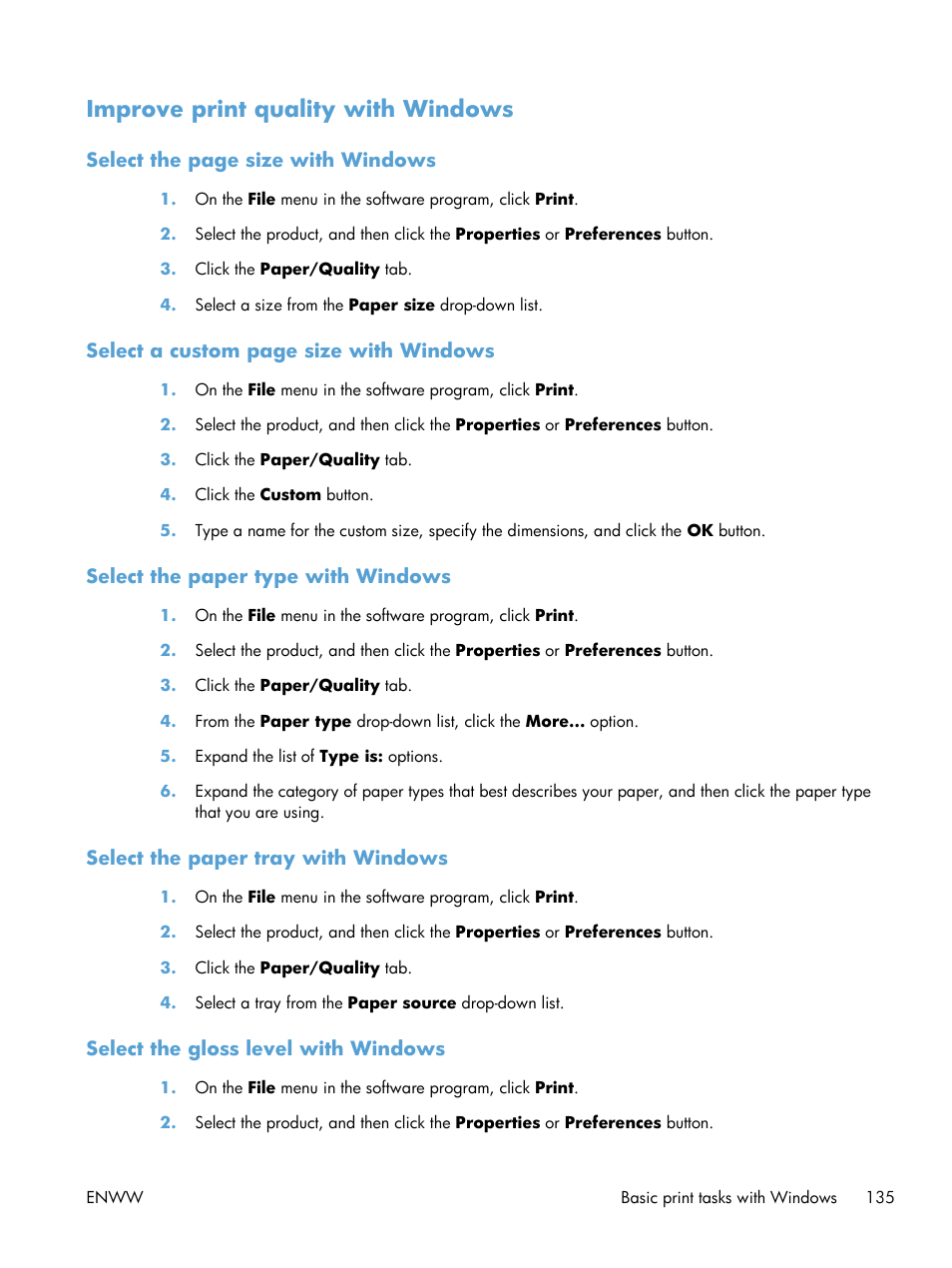 Improve print quality with windows, Select the paper type with windows, Select the paper tray with windows | Select the gloss level with windows | HP Color LaserJet Enterprise CM4540 MFP series User Manual | Page 155 / 386