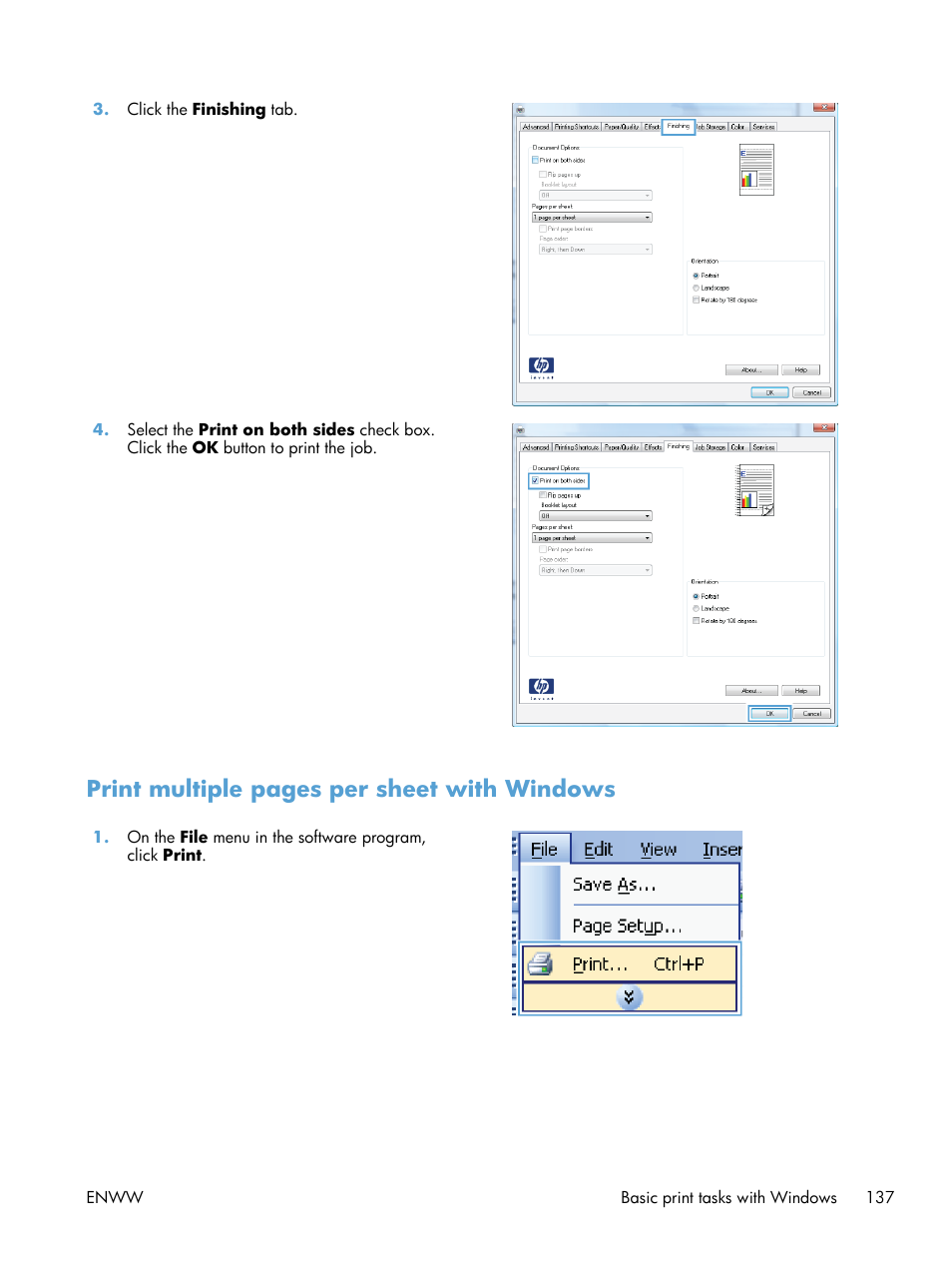 Print multiple pages per sheet with windows | HP Color LaserJet Enterprise CM4540 MFP series User Manual | Page 157 / 386