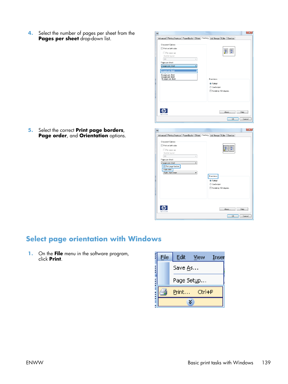 Select page orientation with windows | HP Color LaserJet Enterprise CM4540 MFP series User Manual | Page 159 / 386