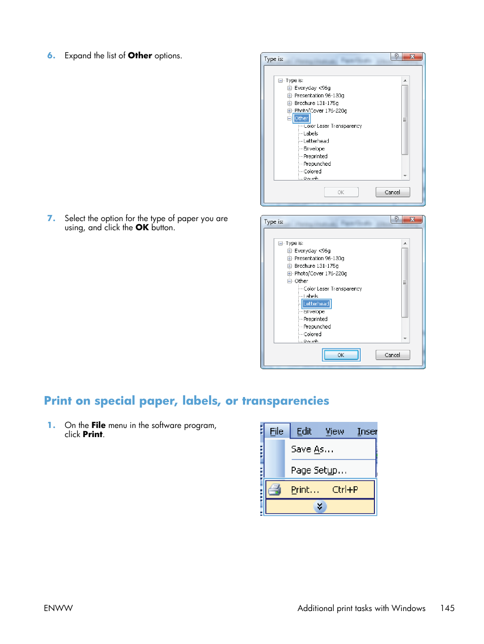 Print on special paper, labels, or transparencies | HP Color LaserJet Enterprise CM4540 MFP series User Manual | Page 165 / 386