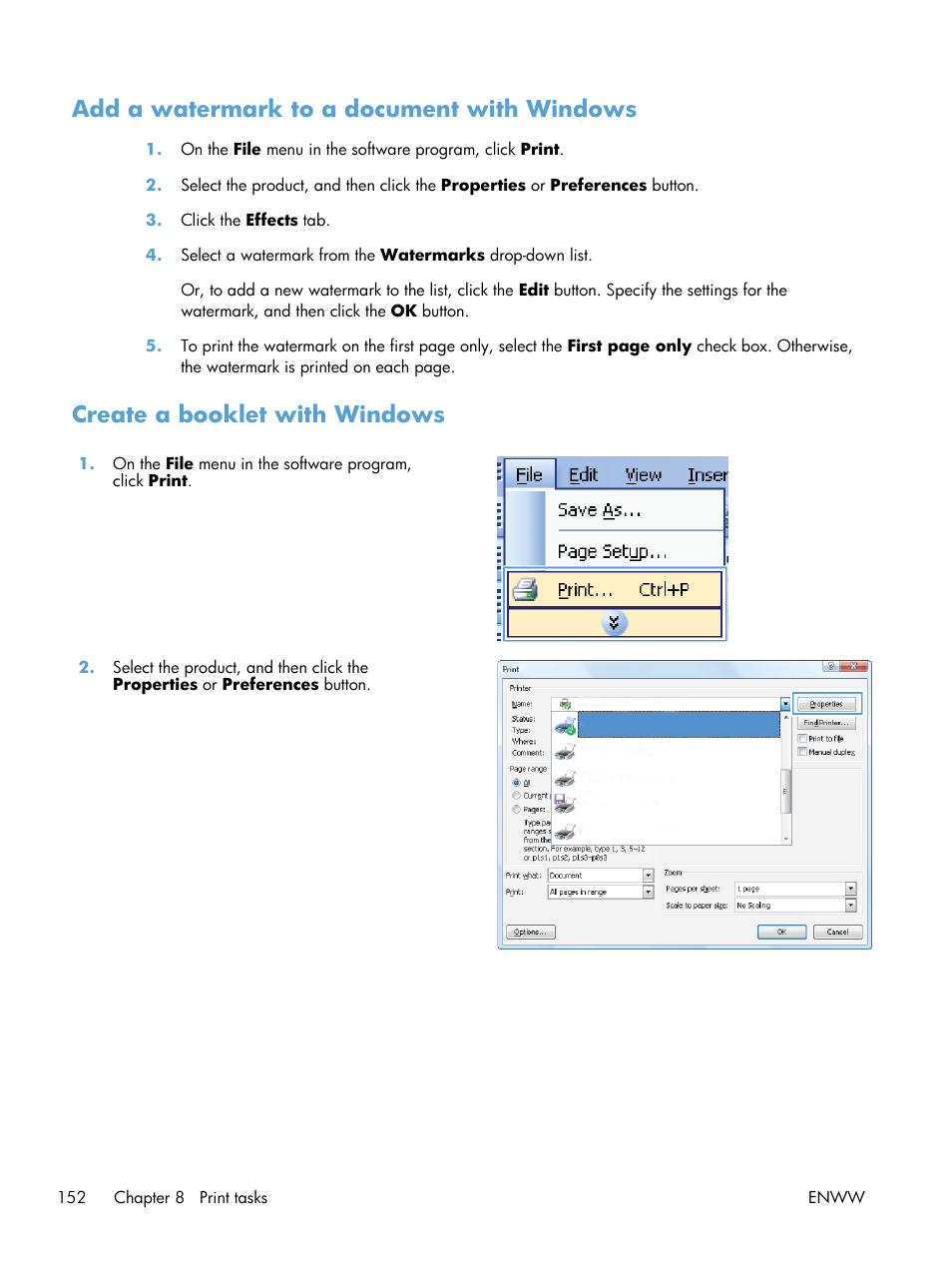 Add a watermark to a document with windows, Create a booklet with windows | HP Color LaserJet Enterprise CM4540 MFP series User Manual | Page 172 / 386